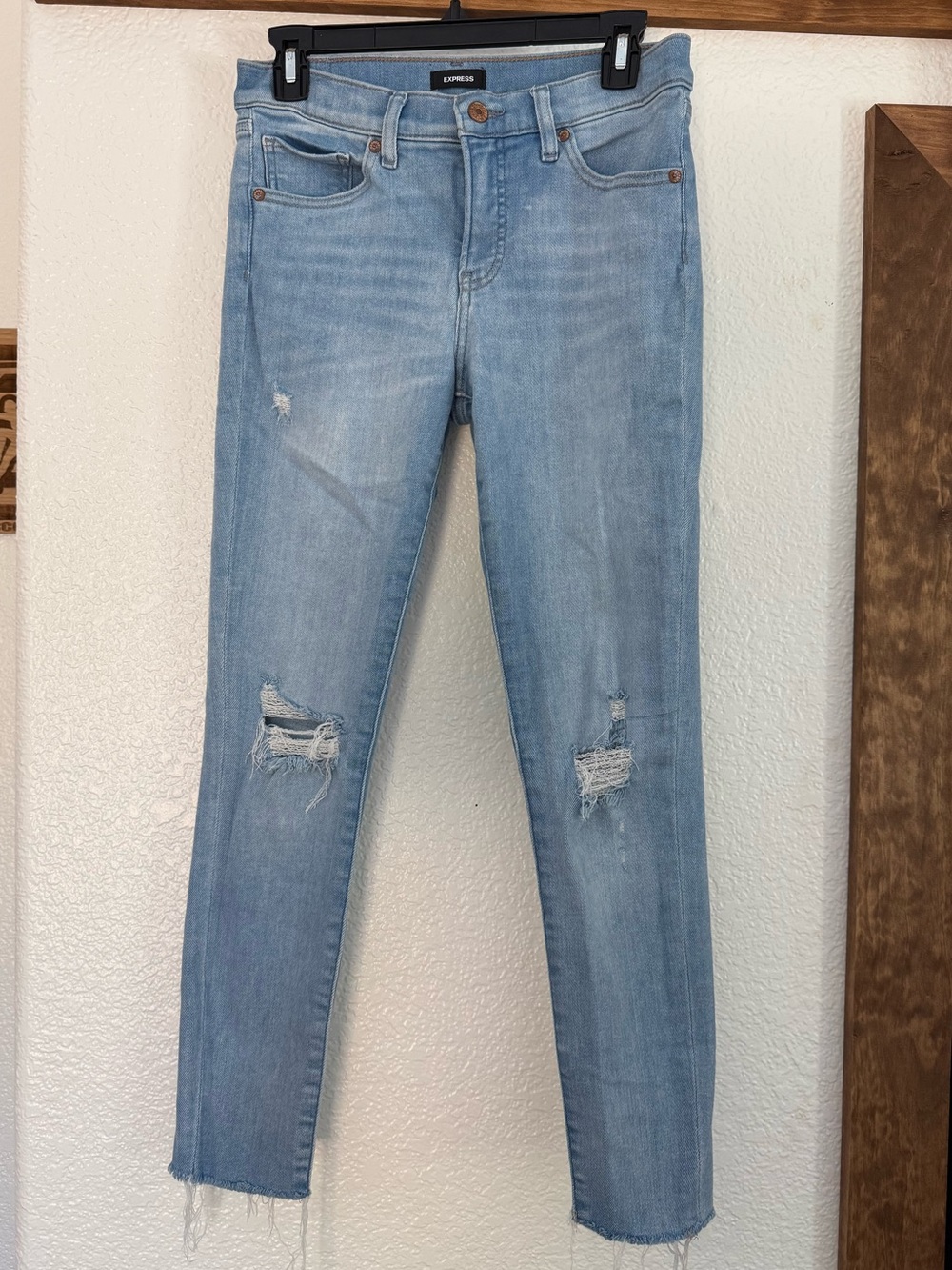 Express Light Blue Distressed Mid-Rise Skinny Jeans